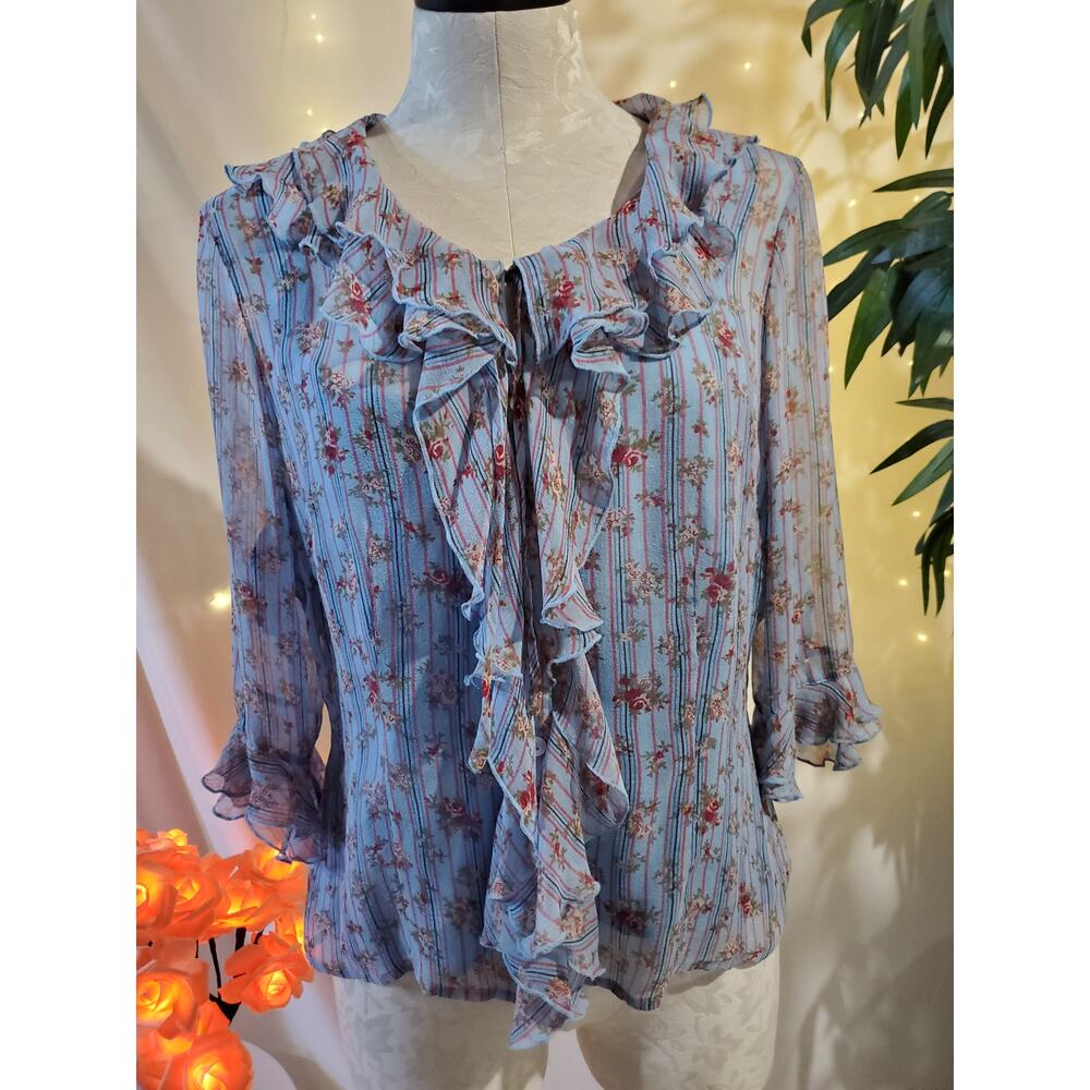 TESS Women's 12 100% Silk Floral Ruffle Cottagecore Button Blouse Tank 2 PC Set